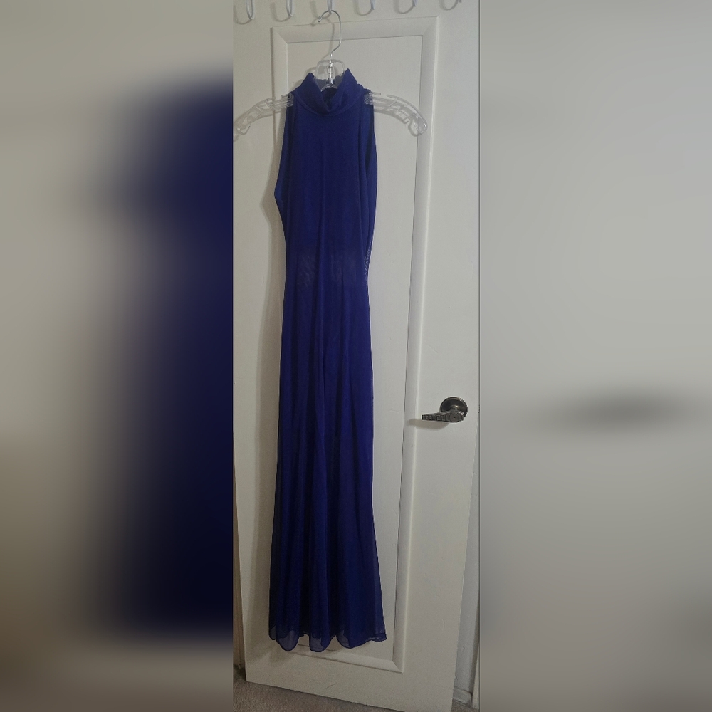 Elegant Blue Maxi Dress... Sheer Over Top And Mini Skirt .. One Piece